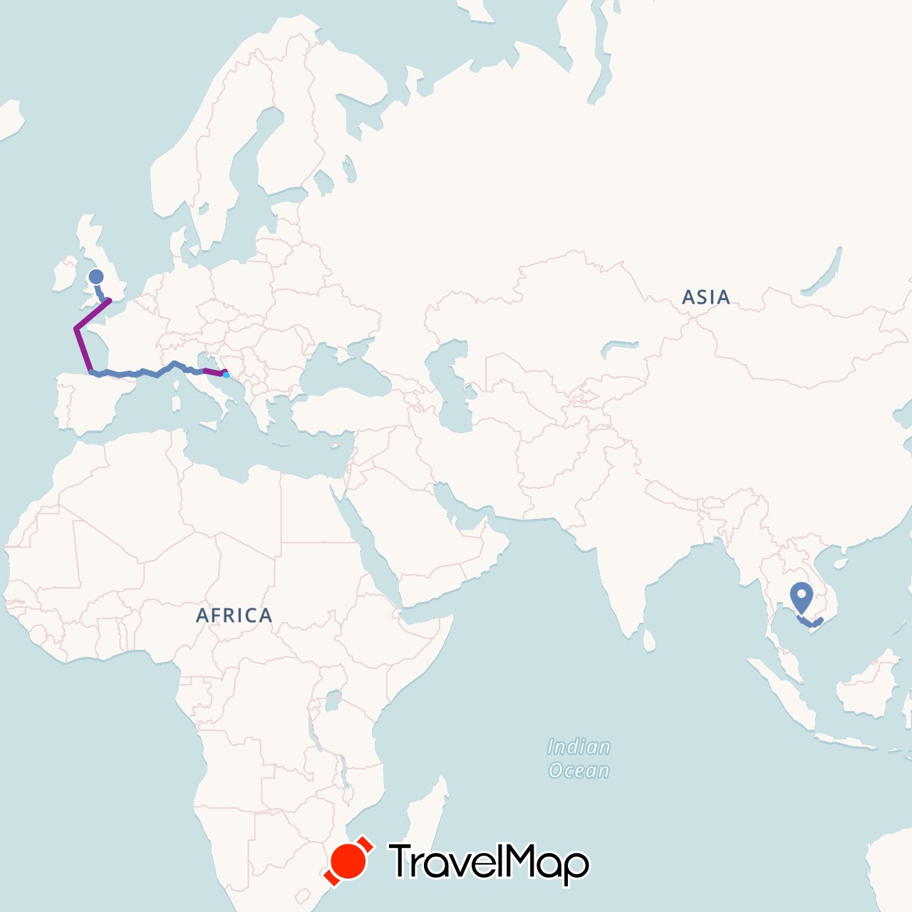 TravelMap itinerary: driving, cycling, boat, ferry in Spain, France, United Kingdom, Croatia, Italy, Cambodia, Vietnam (Asia, Europe)