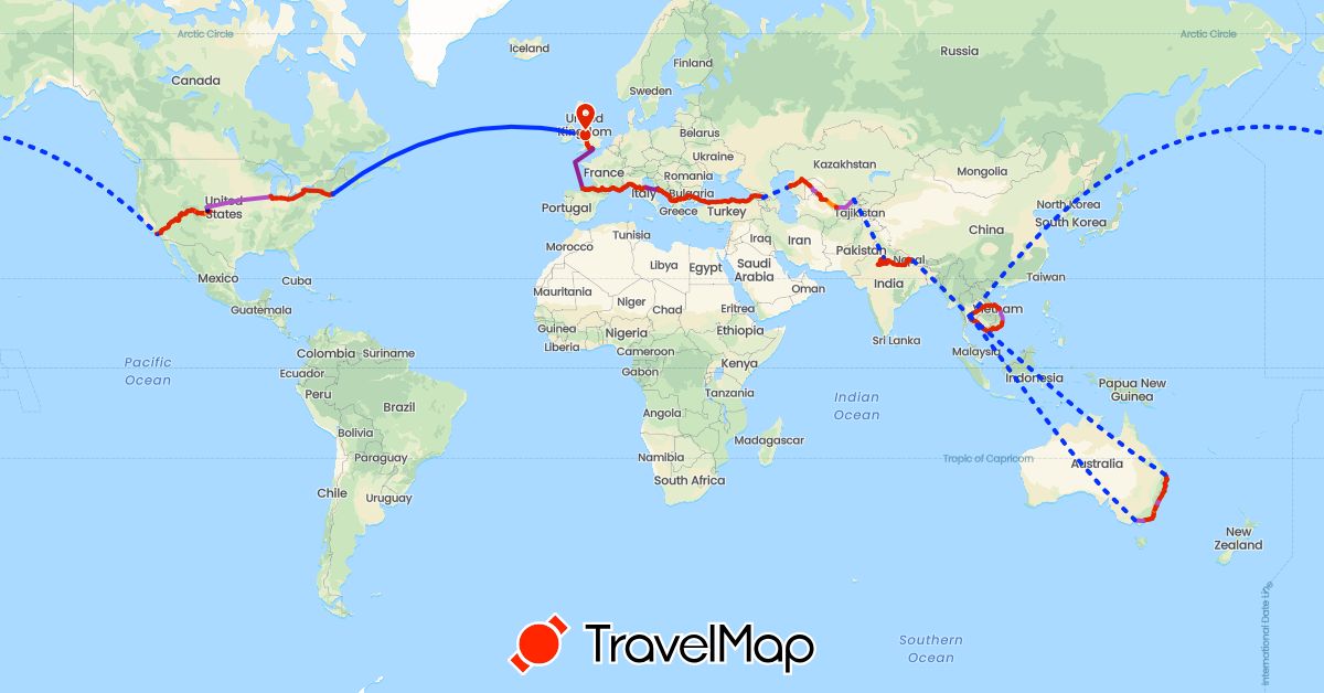 TravelMap itinerary: driving, train, hiking, hitchhiking, ferry, bicycle, airline in Australia, Spain, United Kingdom, Croatia, Ireland, India, Kazakhstan, Laos, Macedonia, Nepal, Thailand, Turkey, United States, Uzbekistan, Vietnam (Asia, Europe, North America, Oceania)