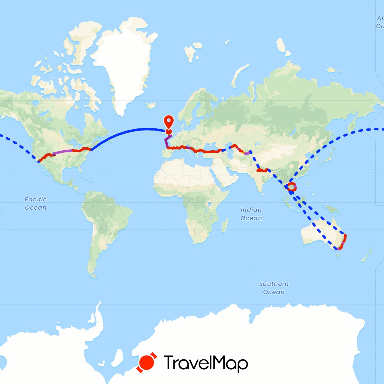 TravelMap itinerary: driving, train, hiking, hitchhiking, ferry, bicycle, airline in Australia, Spain, United Kingdom, Croatia, Ireland, India, Kazakhstan, Laos, Macedonia, Nepal, Thailand, Turkey, United States, Uzbekistan, Vietnam (Asia, Europe, North America, Oceania)